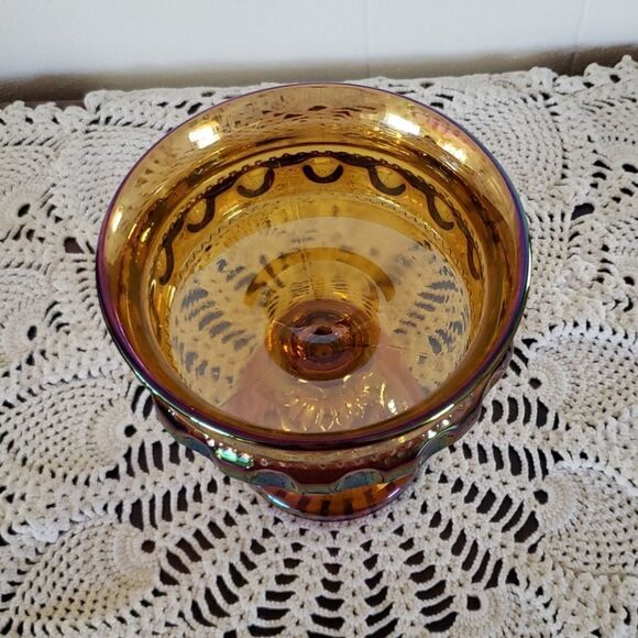 Pretty Gold Carnival Glass Pedestal Compote Candy Dish - Picture 3 of 5